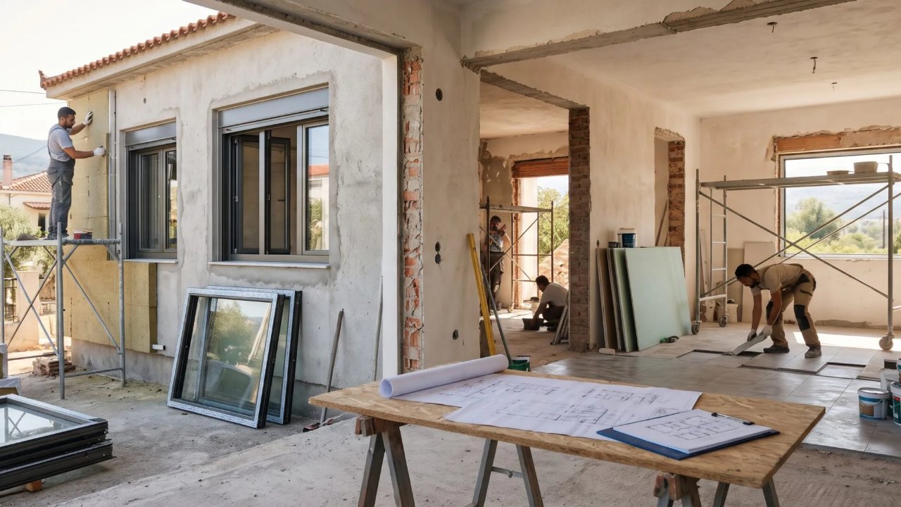 Ανακαίνιση κατοικίας σε εξέλιξη: εργάτες σε κλειστό σπίτι με νέα κουφώματα και υλικά οικοδομής