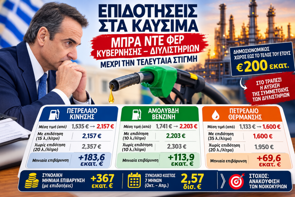 Επιδότηση καυσίμων: μπρα ντε φερ κυβέρνησης και διυλιστηρίων για πετρέλαιο θέρμανσης, κίνησης και αμόλυβδη