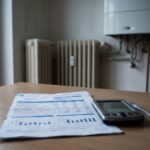 Λογαριασμός φυσικού αερίου και αριθμομηχανή μπροστά σε καλοριφέρ και επιτοίχιο λέβητα