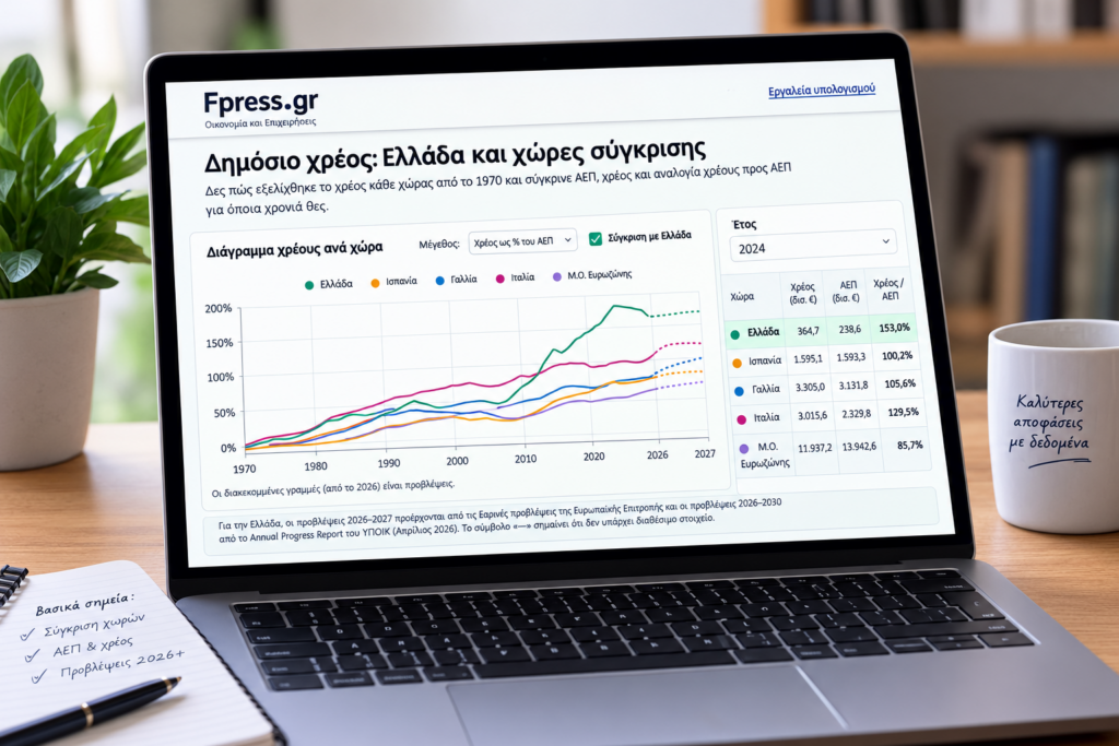 Εργαλείο σύγκρισης δημόσιου χρέους Ελλάδας, Ισπανίας, Γαλλίας και Ιταλίας σε οθόνη laptop