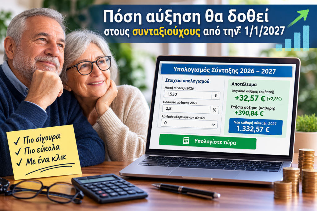 Συνταξιούχοι υπολογίζουν την αύξηση σύνταξης 2,8% από 1/1/2027 με online υπολογιστή καθαρής σύνταξης