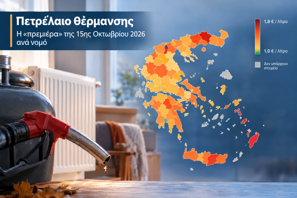 Χάρτης της Ελλάδας με τις τιμές του πετρελαίου θέρμανσης ανά νομό στις 15 Οκτωβρίου 2026