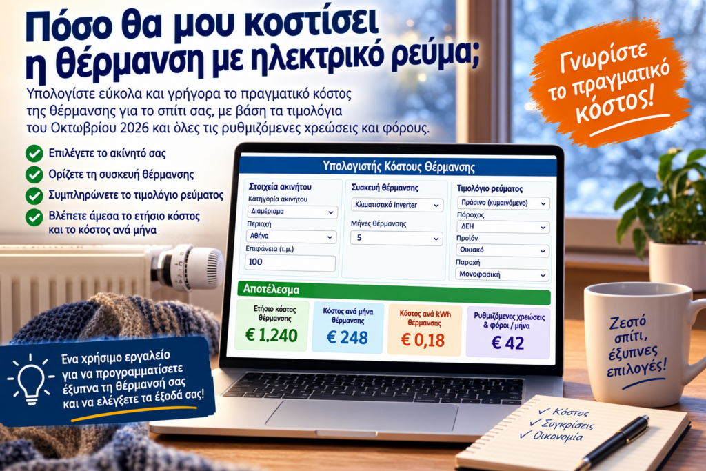 Εργαλείο υπολογισμού κόστους θέρμανσης με ηλεκτρικό ρεύμα του fpress.gr σε laptop, με σύγκριση τιμολογίων ρεύματος και συσκευών θέρμανσης