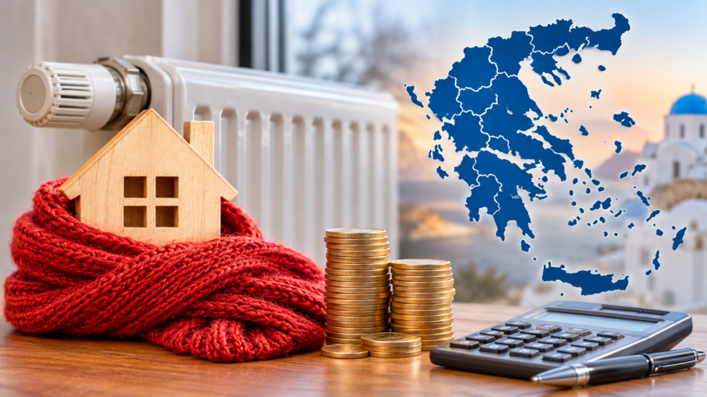 Επίδομα θέρμανσης 2026-2027: σπιτάκι τυλιγμένο σε κασκόλ δίπλα σε καλοριφέρ, κέρματα, αριθμομηχανή και χάρτης της Ελλάδας