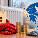 Επίδομα θέρμανσης 2026-2027: σπιτάκι τυλιγμένο σε κασκόλ δίπλα σε καλοριφέρ, κέρματα, αριθμομηχανή και χάρτης της Ελλάδας